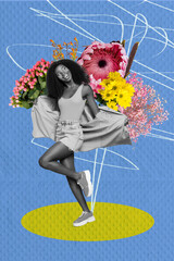 Poster - Collage 3d pinup pop retro sketch image of dreamy funny lady dancing enjoying flowers variety isolated painting background