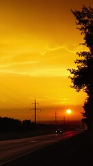 Wall Mural - string of cars moving on road against sunset, timelapse. vertical video
