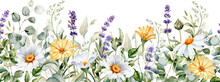 Watercolor Wildflowers Seamless Border. Repeating Pattern. Daisy, Calendula, Lavender, Eucalyptus Branches And Leaves Garland.  Summer Floral Frame For Greeting Cards And Invitations