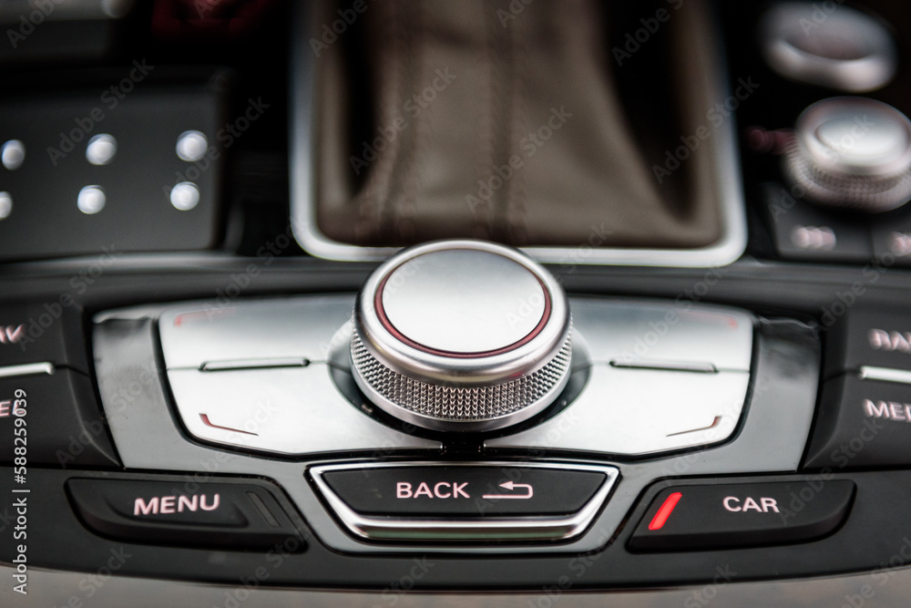 Fotografie Console with buttons on car panel. On-board computer control ...