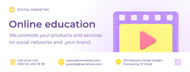 Wall Mural - Online education e learning digital webinar video lesson social media banner 3d icon vector