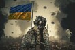 © Meysam Azarneshin - A Ukrainian soldier stands with a Ukrainian flag in his hand and looks at the ruined city