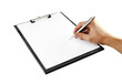 hand with pen writing on clipboard on transparent background png file
