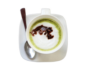 Cup of hot matcha green tea latte with milk cream on transparent background png file