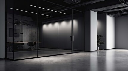 Modern dark-themed office with stylish lighting and minimalist decor.