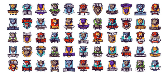 Wall Mural - Set of esports logos with animal mascots for gamers and teams. Collection of esports mascot logos with lion, tiger, cougar, panther, leopard, wolf, fox, bear heads. Vector illustration for esports