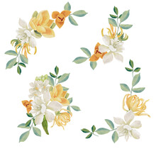 Watercolor White Gardenia And Thai Style Flower Bouquet Wreath Frame