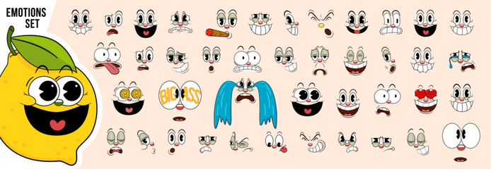 Mega set Cartoon funny faces. Retro cartoon comic faces with different emotional expressions. Caricature emotions. Expressive eyes and mouth, smiling, crying and surprised character face expressions.