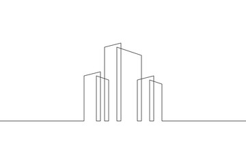 Wall Mural - One continuous line. House logo. Modern architecture. Building symbol. Construction logo.Skyscraper office building. One continuous line drawn isolated, white background.