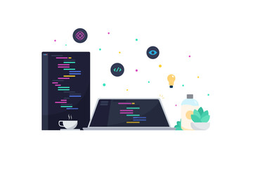 Illustration and vector web developer, accompanied by a cup of coffee that helps the brain think