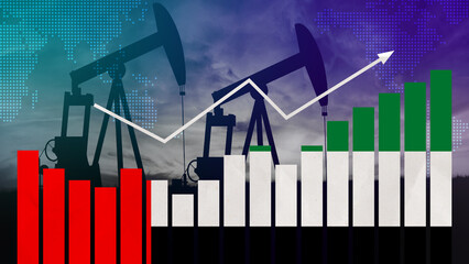 United Arab Emirates oil industry concept. Economic crisis, increased prices, fuel default. Oil wells, stock market, exchange economy and trade, oil production