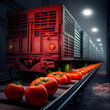 Recreation artistic of red tomatoes in a industrial line of transport together a industrial wagon train. Illustration AI