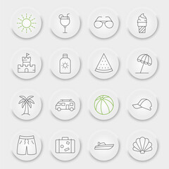 Wall Mural - Summer line icon set, beach collection, vector graphics, neumorphic UI UX buttons, travel vector icons, summer signs, outline pictograms, editable stroke