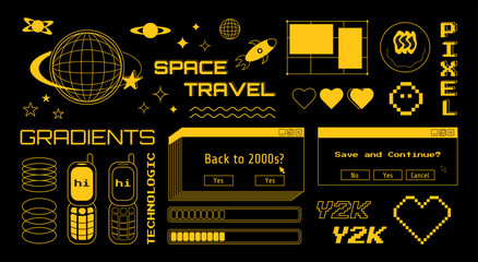 Wall Mural - y2k set of graphic computer and technological elements, orange vector illustrations on a black backg