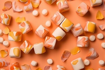 Poster -  a close up of candy on a pink surface with white and orange candies scattered around it on a pink surface with orange and white candies.  generative ai