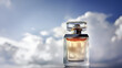 Empty perfume bottle mockup against sky and clouds for cosmetic branding. AI generated