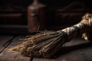 Wall Mural -  a close up of a broom on a wooden floor with a vase in the background and a string wrapped around the handle of the broom.  generative ai