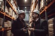 © ckybe - Revision managers discussing amount of loaded goods in racks. Generative ai. Warehouse, logistics workers. Business Storage.