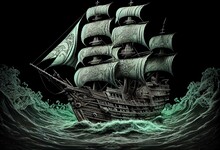 Undead Pirate Ship In The Sea Ocean, Black White Green Background, At Night, Storm Water Waves, Digital Illustration Ai Art Style. Generative AI