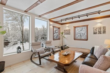 Poster - Large conference room with tables and leather chairs next to large windows