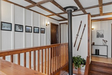 Wall Mural - Wood balustrade hallway wall hanging pictures inside house