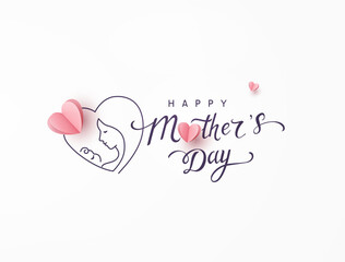 Wall Mural - Mother's day greeting card. Vector postcard with pink paper heart. Symbol of love mom and baby child on white background