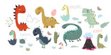 Fototapeta Dinusie - Dinosaurs vector set in cartoon Scandinavian style. A colorful cute children's illustration is perfect for a child's room.