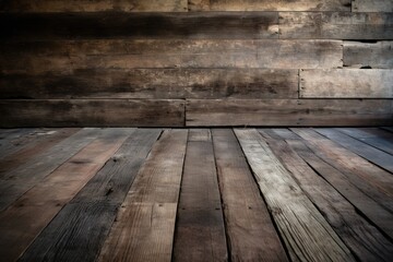  a wooden floor with a wooden wall in the background and a light shining on it's side of the floor and the floor is made of wood planks.  generative ai