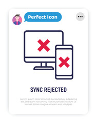 Wall Mural - sync between computer and smartphone is rejected: cross marks are on device screens. thin line icon.
