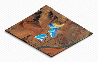 3d model of potash ponds, utah usa. isometric map virtual terrain 3d for infographic. geography and 