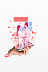 Canvas Print - Tech template collage of artificial intelligence ai app making easy two people online dating on valentine day