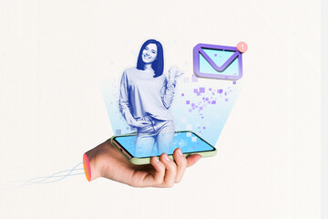 Poster - Collage of young woman virtual assistant siri apple smartphone screen hologram direct finger income message spam mailbox isolated on white background