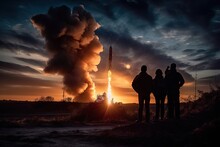 A Group Of People Watch A Rocket Launch Into Space On The Horizon, Generative AI.