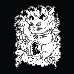 Sticker - Maneki Neko Japanese Doll Black and White illustration