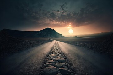 Canvas Print - View of paved road going into distance at sunset, created with generative ai