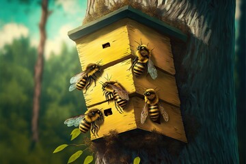 Canvas Print - Bees build themselves a new hive on a tree in bright sunny weather, created with generative ai