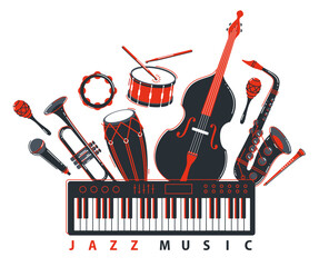 Canvas Print - Jazz music band concept different instruments vector flat illustration isolated on white background, live sound festival or concert, musician different instruments set.