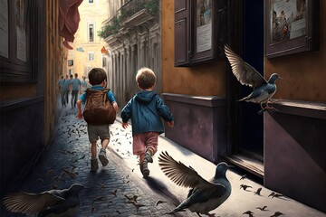 Canvas Print - Children chase pigeons down the street, rear view, created with generative ai