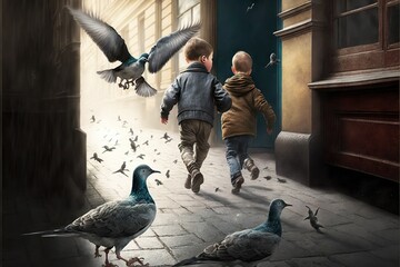 Wall Mural - Kids running after pigeons on urban street, created with generative ai