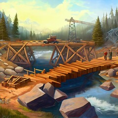 Sticker - Construction of a wooden river crossing, created with generative ai