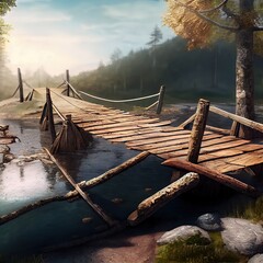 Poster - Construction of a wooden river crossing, created with generative ai