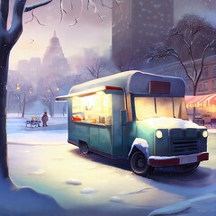 Poster - Food truck in city park in winter time, created with generative ai