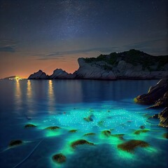 Wall Mural - Glowing plankton on the Cote d'Azur at night, created with generative ai