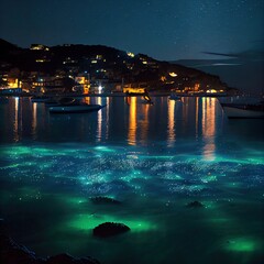 Poster - Glowing plankton on the Cote d'Azur at night, created with generative ai