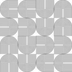 Leinwandbilder - Modern vector abstract seamless geometric pattern with semicircles and circles in retro  style. Black u shapes on white background. Minimalist  illustration in Bauhaus style with simple shapes.