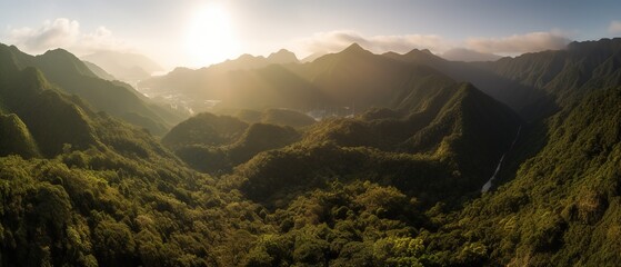 A view from a height of a mountain peak with green trees in the fog.Aerial view. Panoramic shot. Generative AI