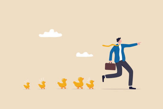 Leadership to lead team to success direction, employees follow manager guidance, domination or motivate staffs concept, confidence businessman leader pointing direction with following duckling.