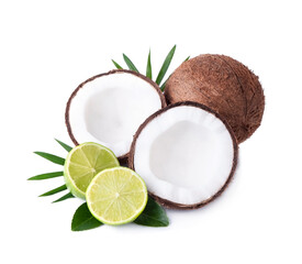 Wall Mural - Coconut with lime citrus on white b ackgrounds