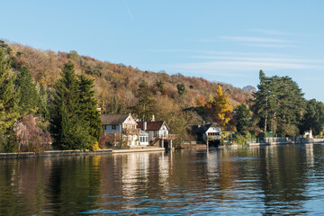 River side and houses in Henley-on-Thames, Summer daytime