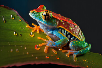 Beautifully colored tropical frog in the jungle on a leaf. Exotic rainforest cute little toad. Forest fauna. Ai generated